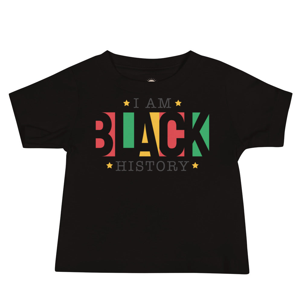 Black baby t-shirt with “I Am Black History” design celebrating heritage, confidence, and pride.