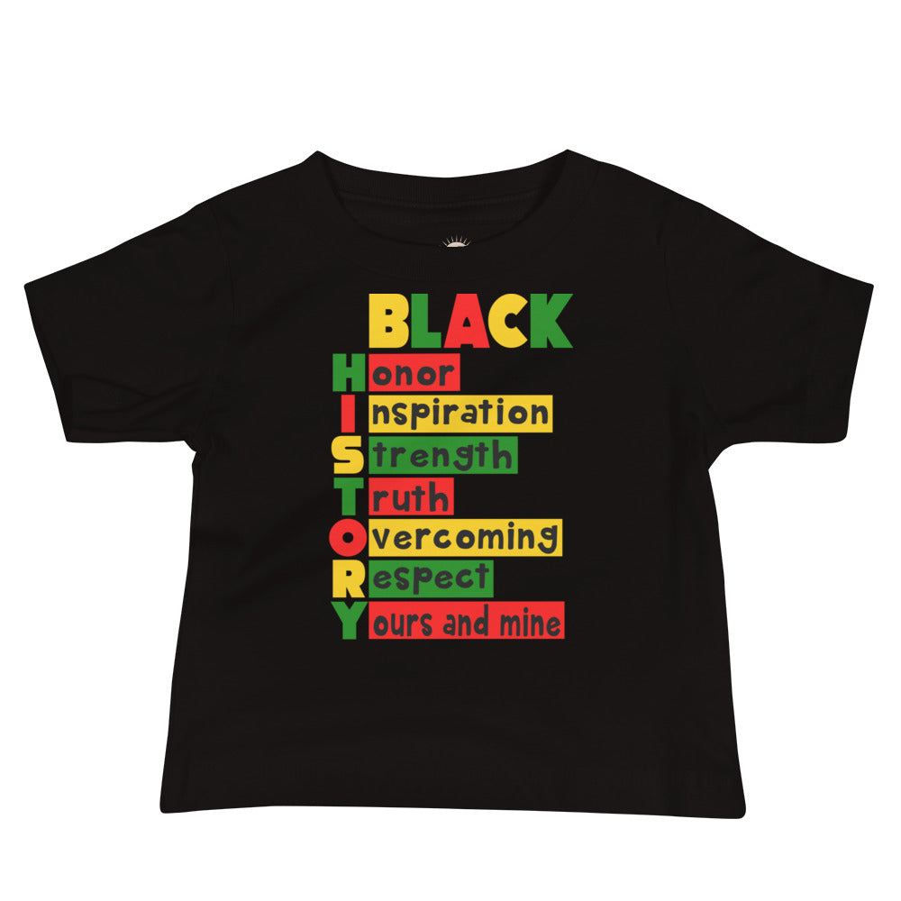 Black baby t-shirt featuring “HISTORY” anagram design celebrating culture and heritage.