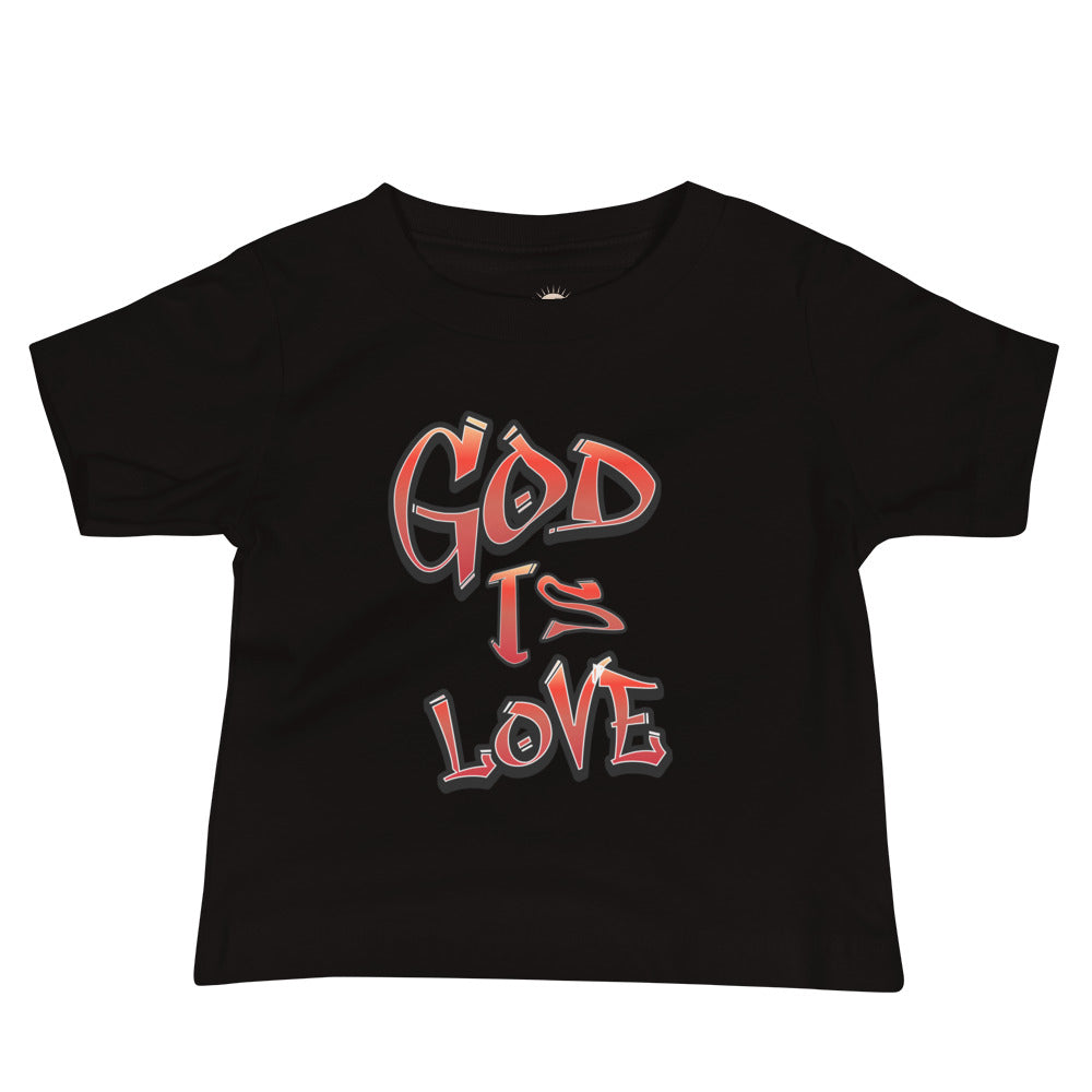 Black baby t-shirt with graffiti-style “God Is Love” text in red gradient fading to black, celebrating faith and positivity.