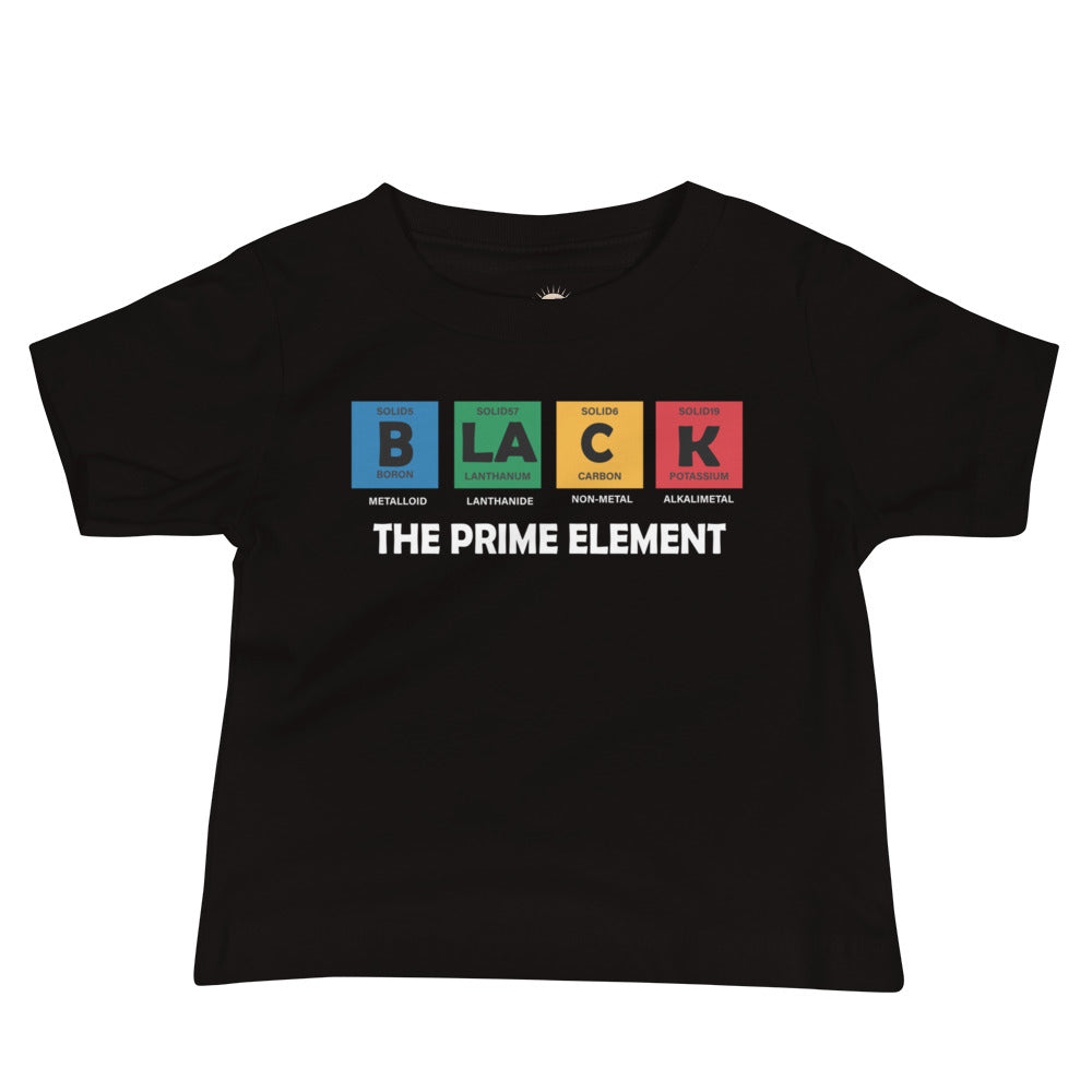Black The Prime Element baby t-shirt with periodic table design spelling BLACK.