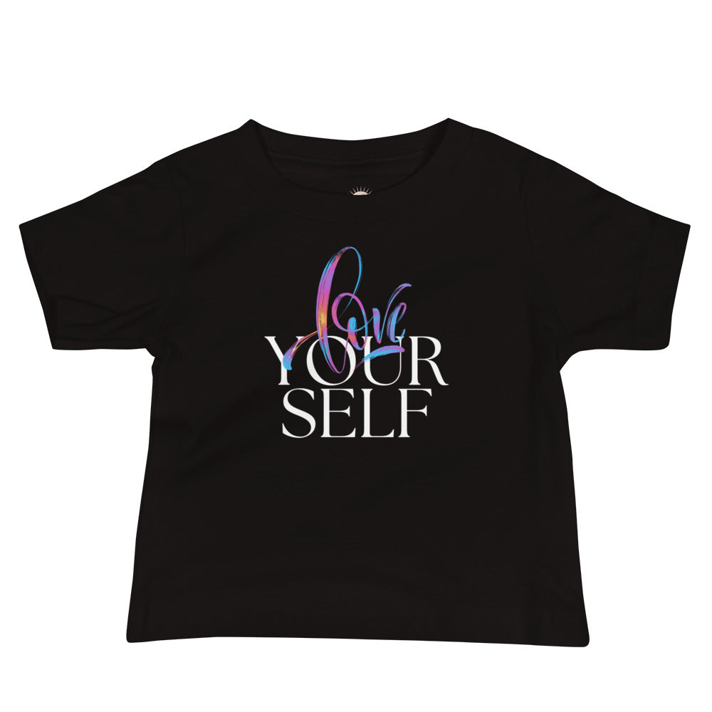 Black baby t-shirt with gradient “Love” (blue, purple, pink, orange) and bold white “Your Self” text.