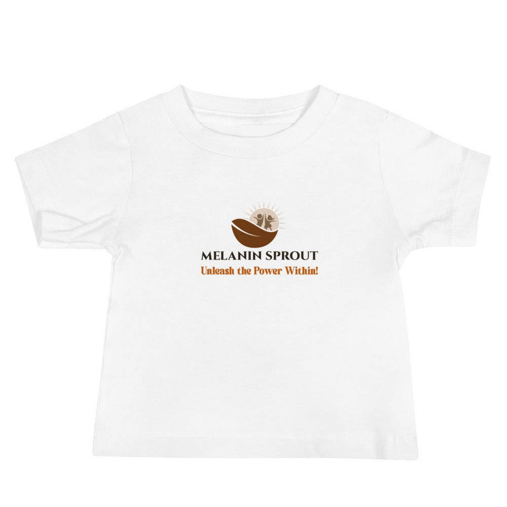 White Melanin Sprout baby t-shirt with logo and slogan Unleash the Power Within.
