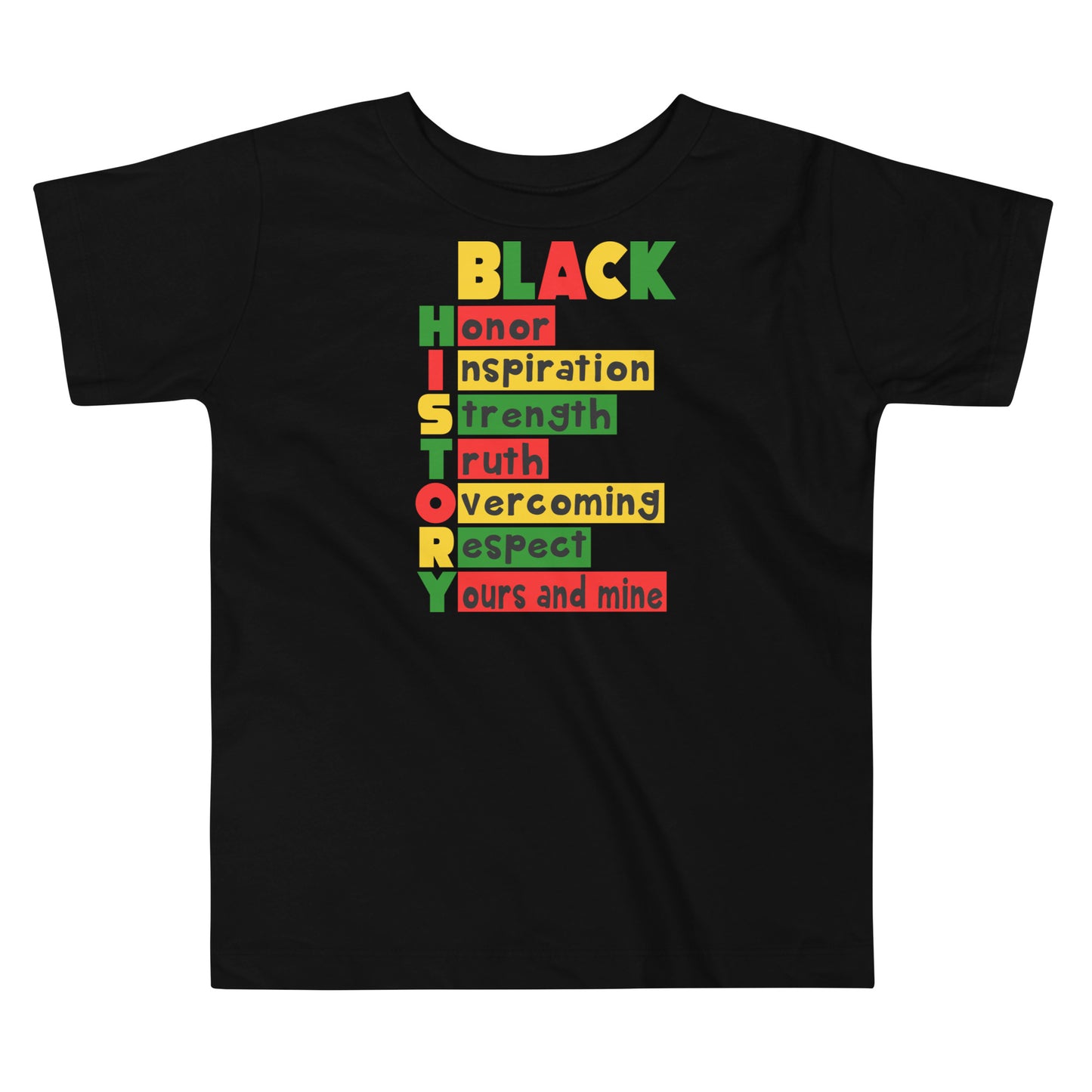 Black toddler t-shirt with “HISTORY” anagram design celebrating heritage and culture.