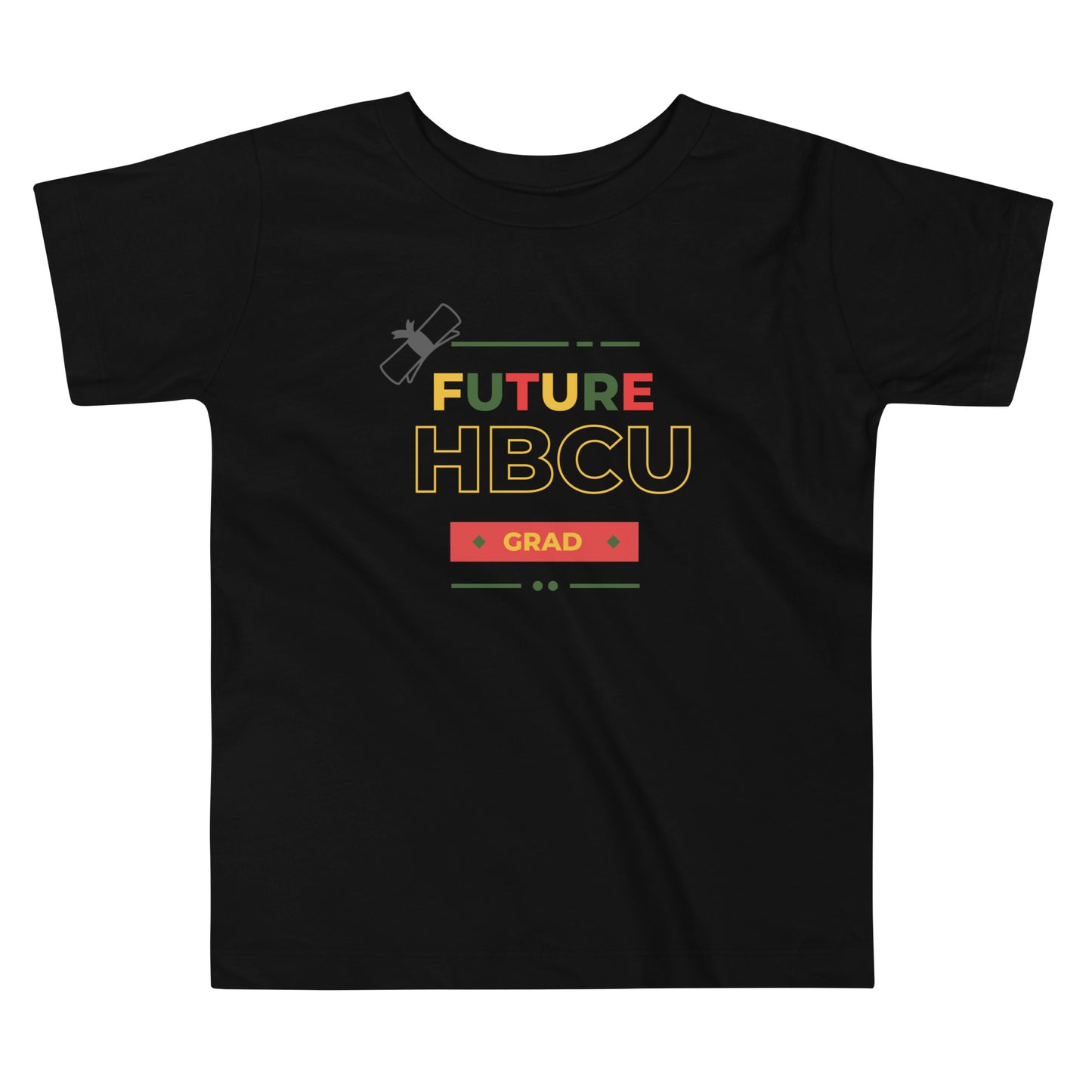 Black toddler t-shirt with “Future HBCU Grad” design celebrating education, pride, and heritage.
