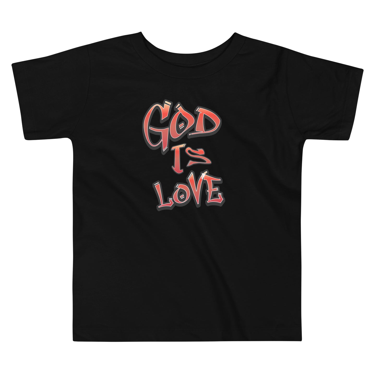 Black toddler t-shirt with graffiti-style “God Is Love” text in red gradient fading to black, promoting faith and positivity.