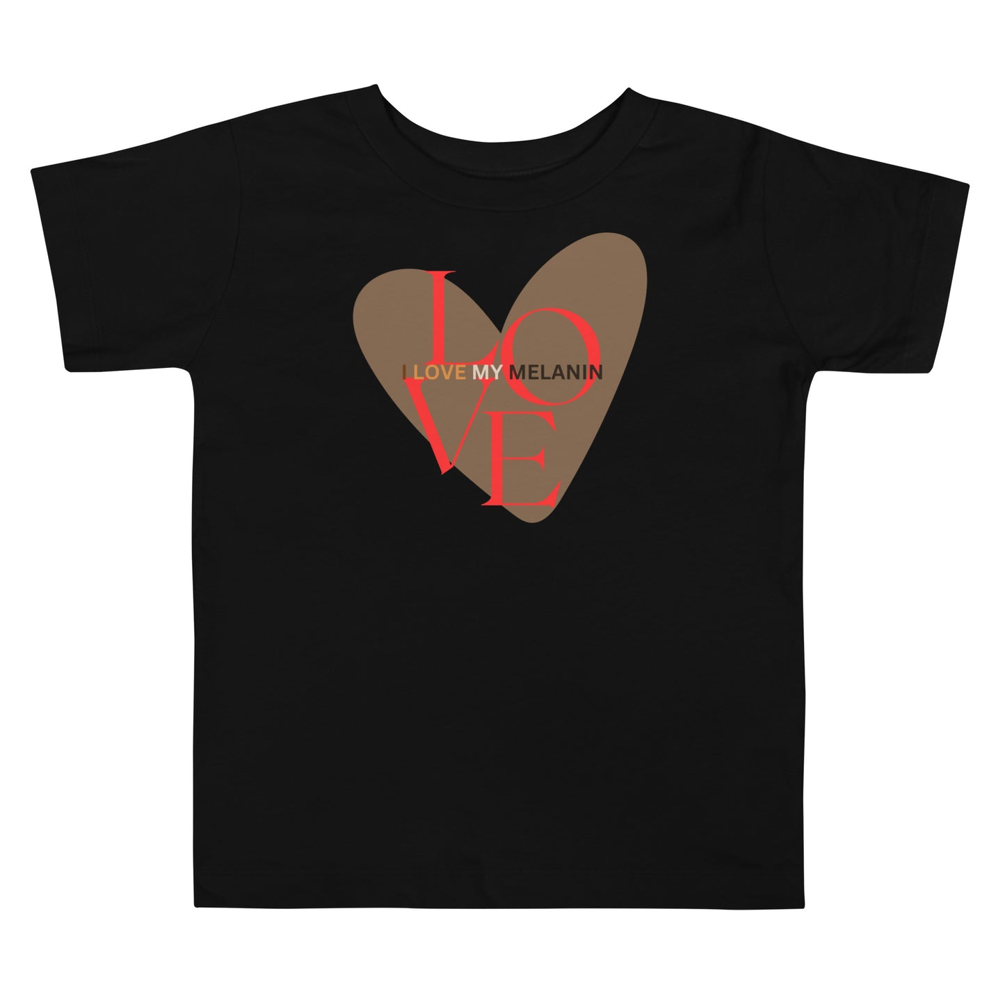 Black toddler t-shirt with a large brown heart and “I Love My Melanin” text in red and brown shades, celebrating melanin pride.