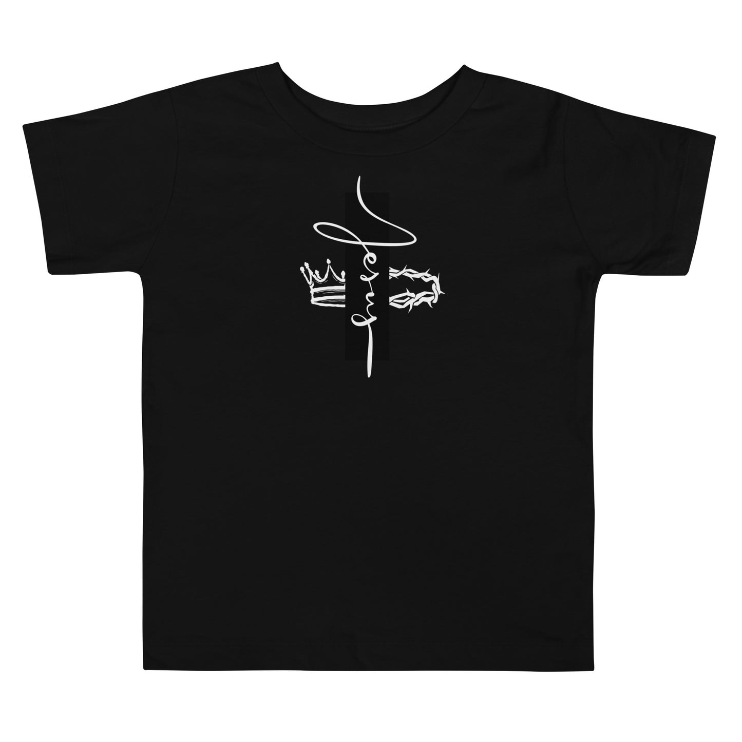 Toddler t-shirt with vertical “Jesus” lettering, crown on one side, crown of thorns on the other, promoting faith, devotion, and strength.