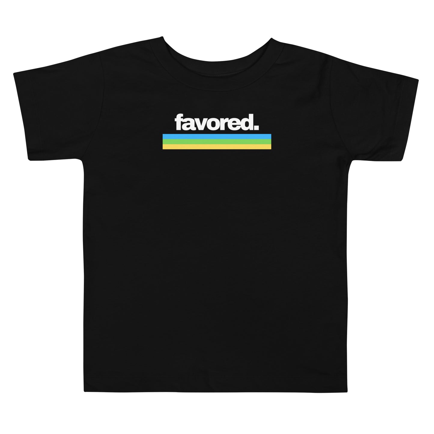 Toddler t-shirt in black with “Favored” in white 80’s retro font and blue, green, yellow stripes, inspiring confidence, joy, and faith.