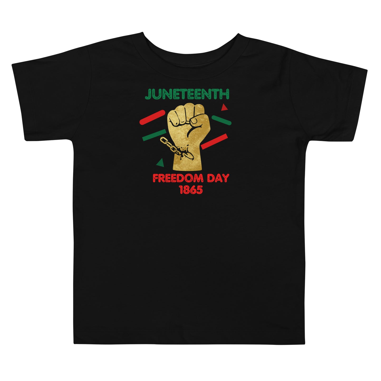 Juneteenth Freedom Day black T-shirt with gold fist and breaking chains Juneteenth in green and freedom in red with 1865