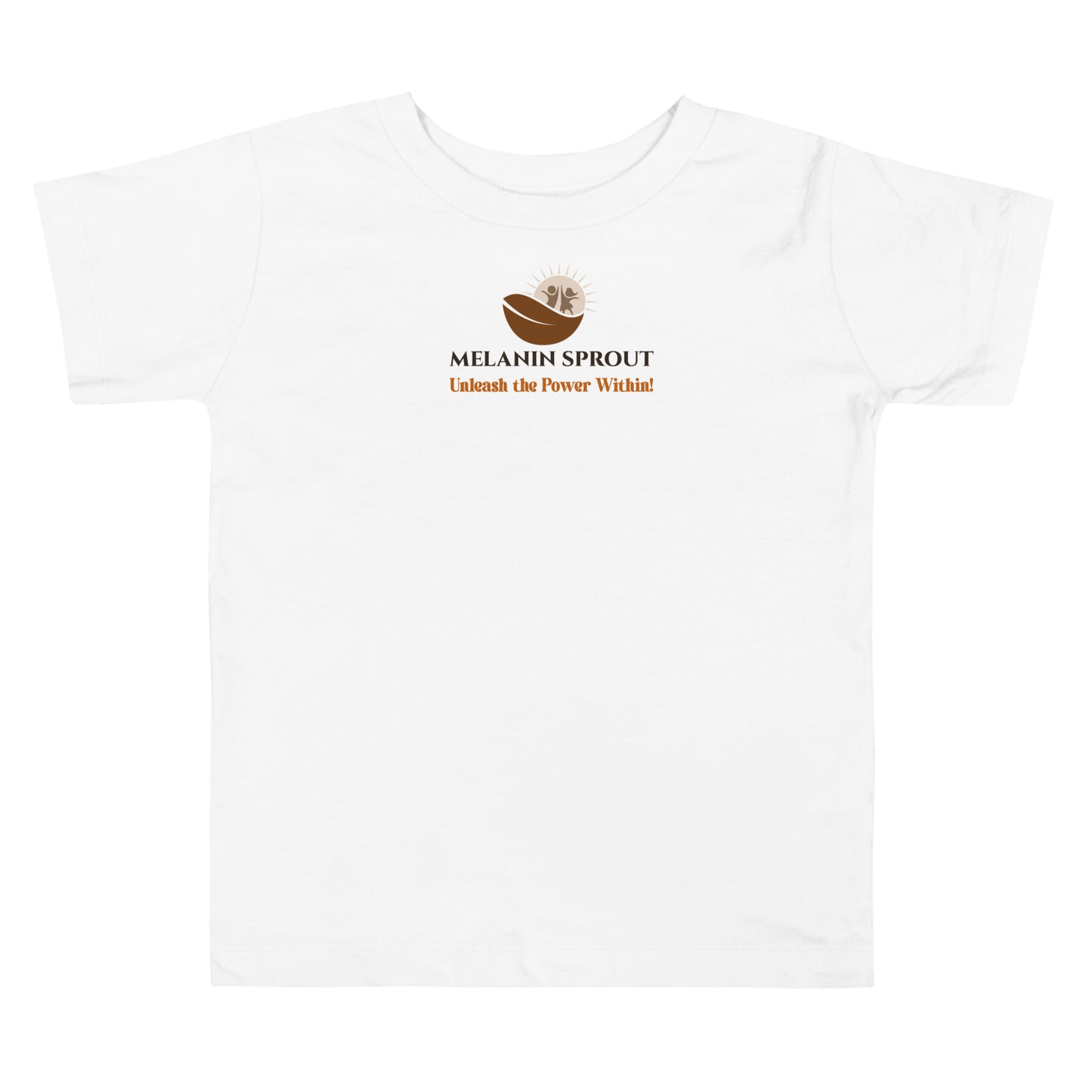 White toddler t-shirt with Melanin Sprout logo and slogan Unleash the Power Within.