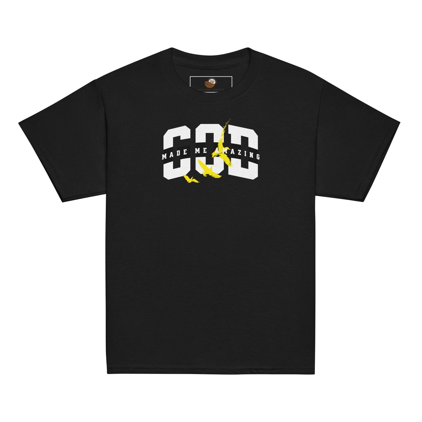 Youth t-shirt with bold white lettering “God Made Me Amazing” and yellow bird design, inspiring faith, confidence, and self-love.