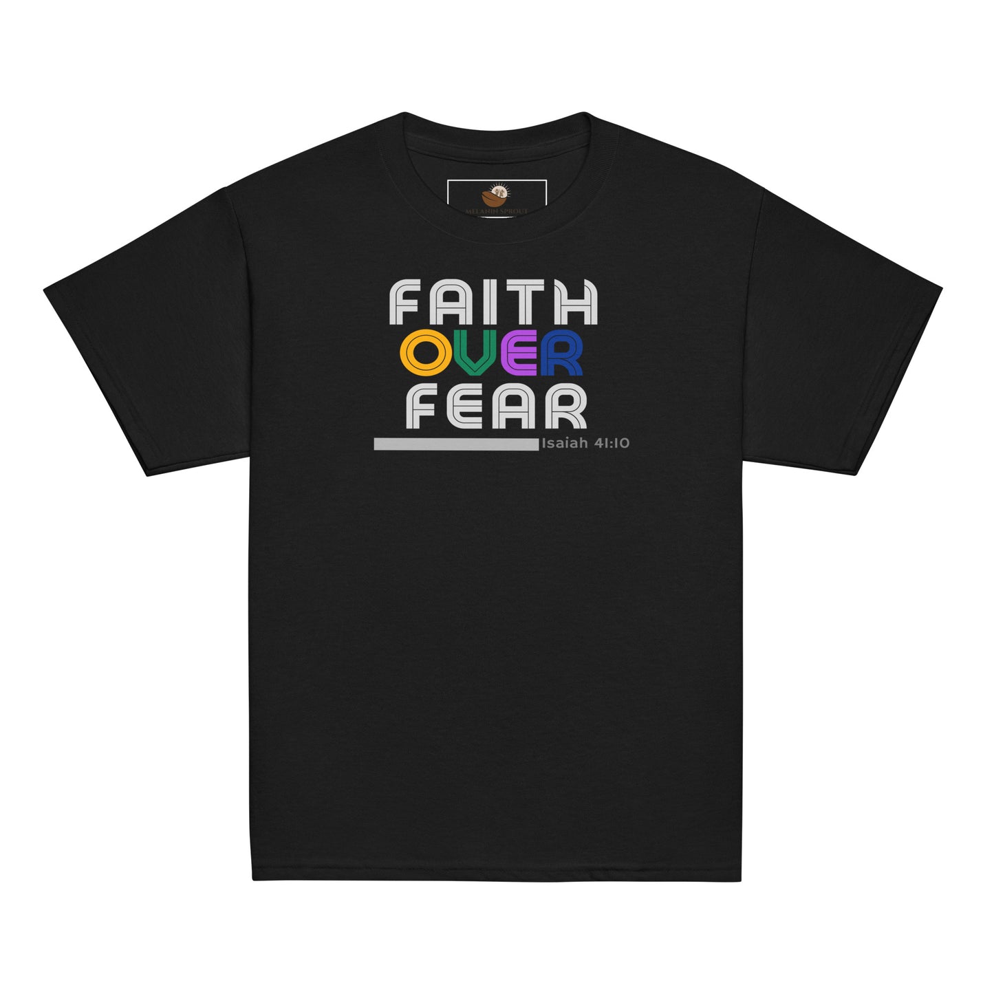 Youth t-shirt in black with “Faith Over Fear” retro lettering: gray “Faith” top, colorful “over” middle, gray “Fear” bottom, inspiring courage, confidence, and faith.