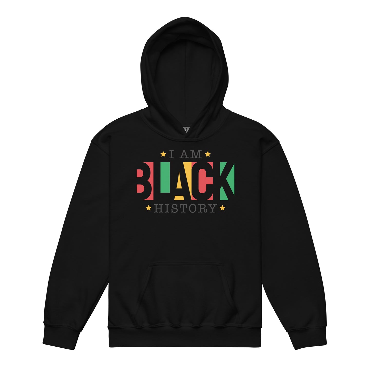Black youth hoodie with “I Am Black History” design celebrating heritage, pride, and confidence.