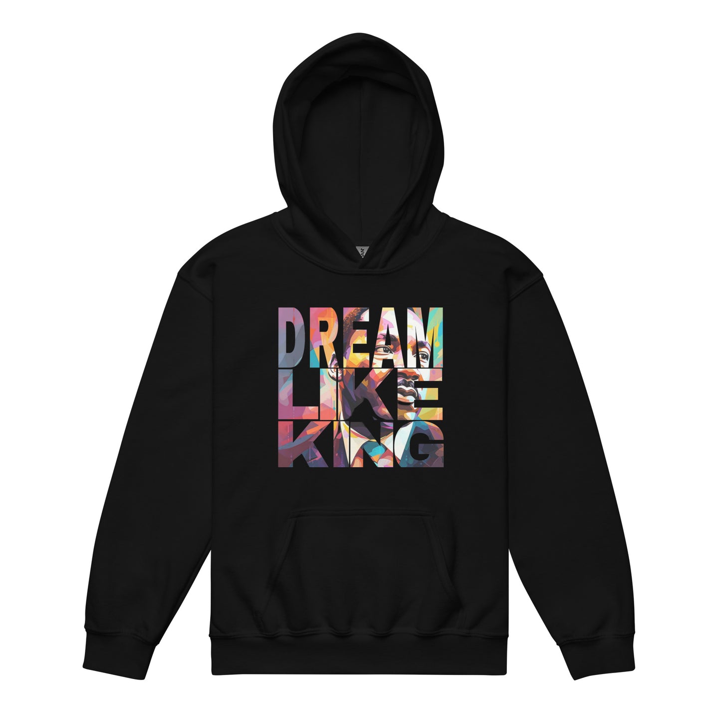 Black youth hoodie with “Dream Like King” design celebrating heritage, pride, and leadership.
