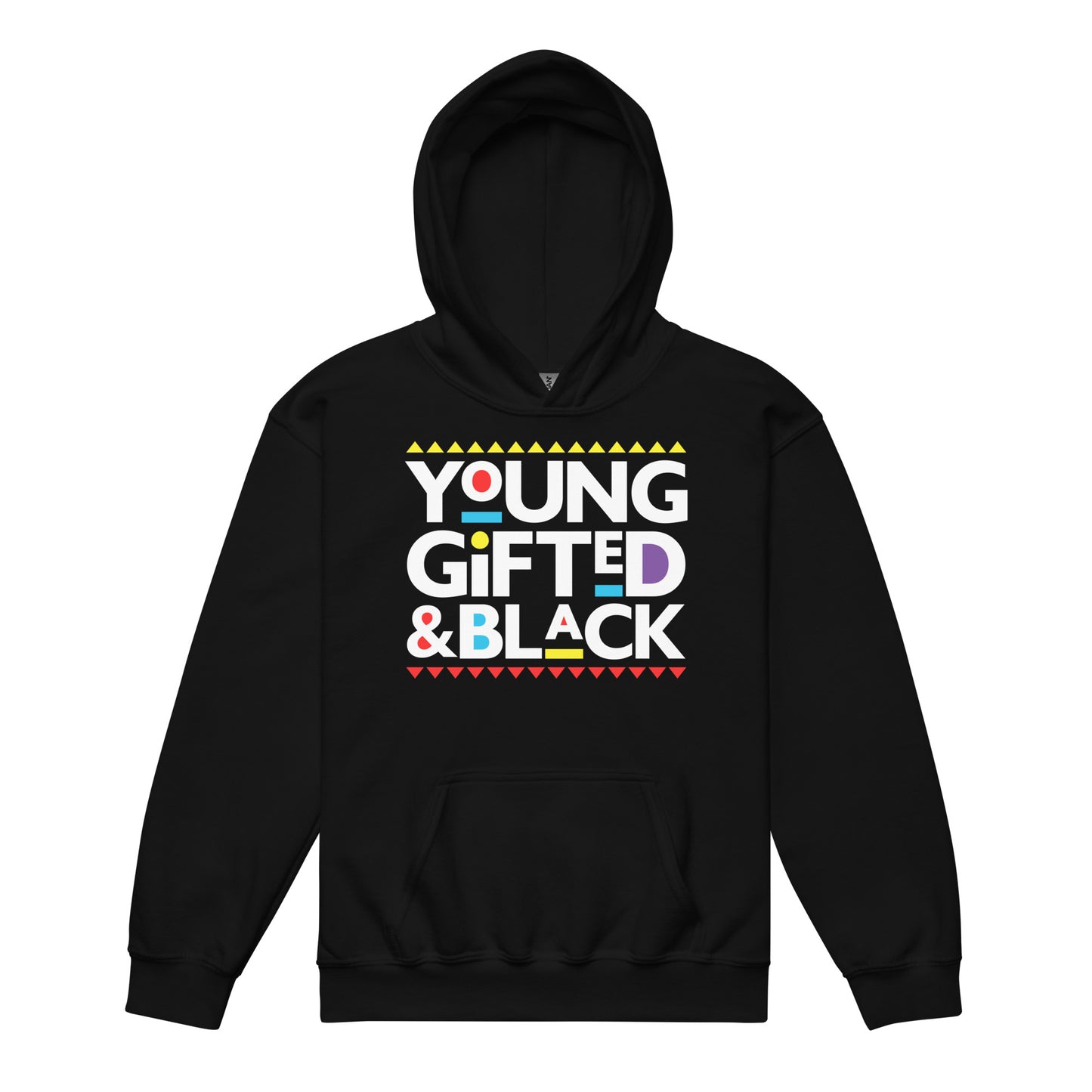 Black youth hoodie with “Young, Gifted & Black” design celebrating heritage, pride, and confidence.