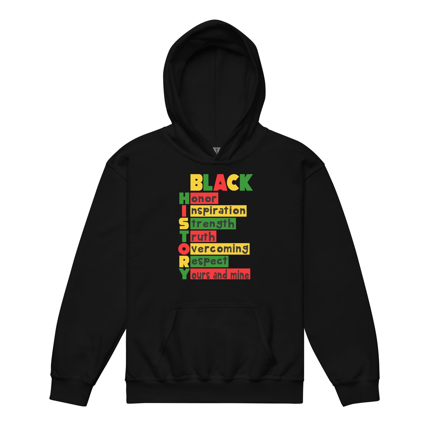 Black youth hoodie featuring “HISTORY” anagram celebrating culture, pride, and confidence.
