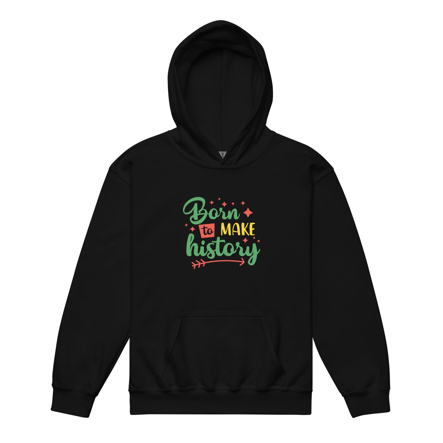 Black youth hoodie with “Born to Make History” design celebrating heritage, confidence, and empowerment.