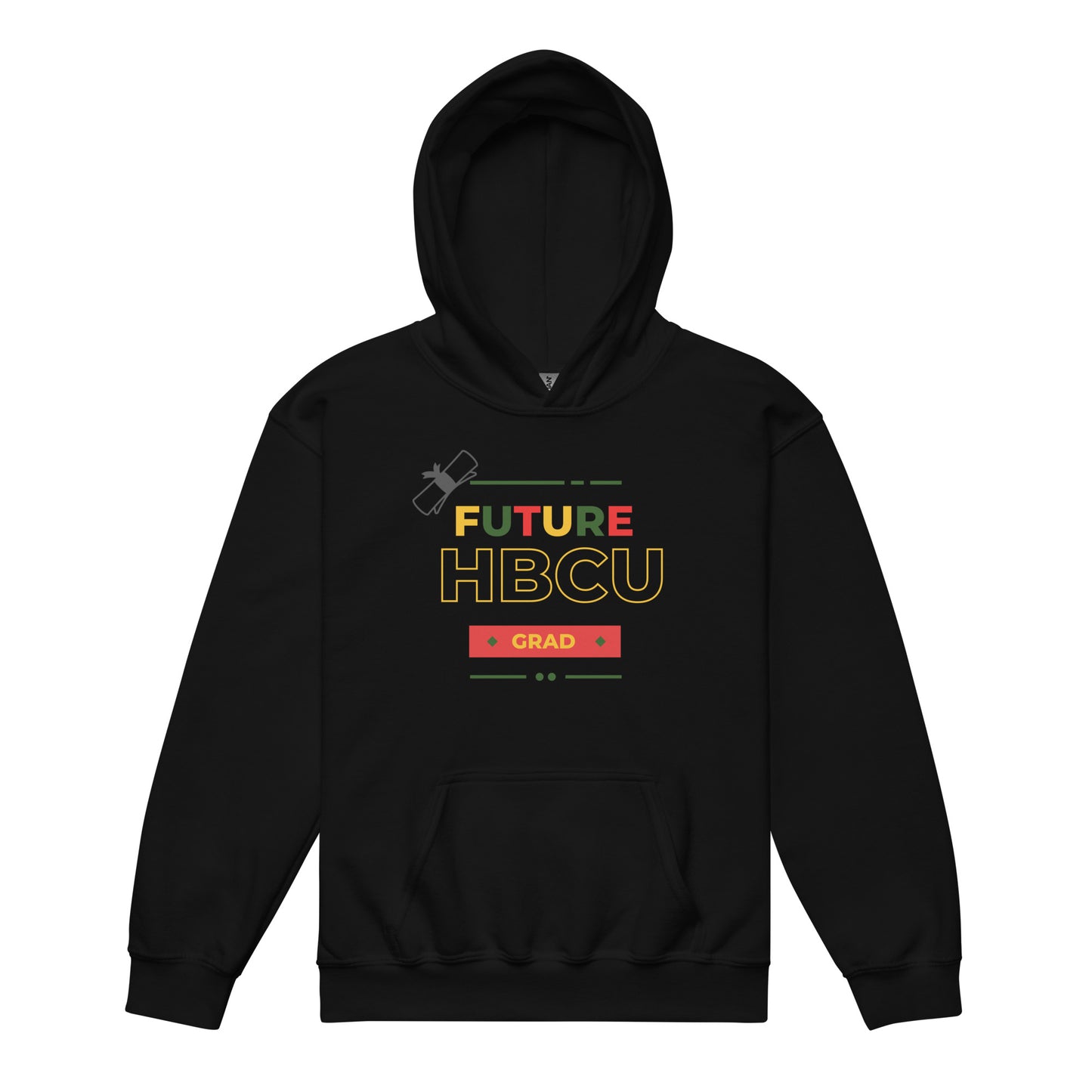 Black youth hoodie with “Future HBCU Grad” design celebrating heritage, pride, and academic aspiration.