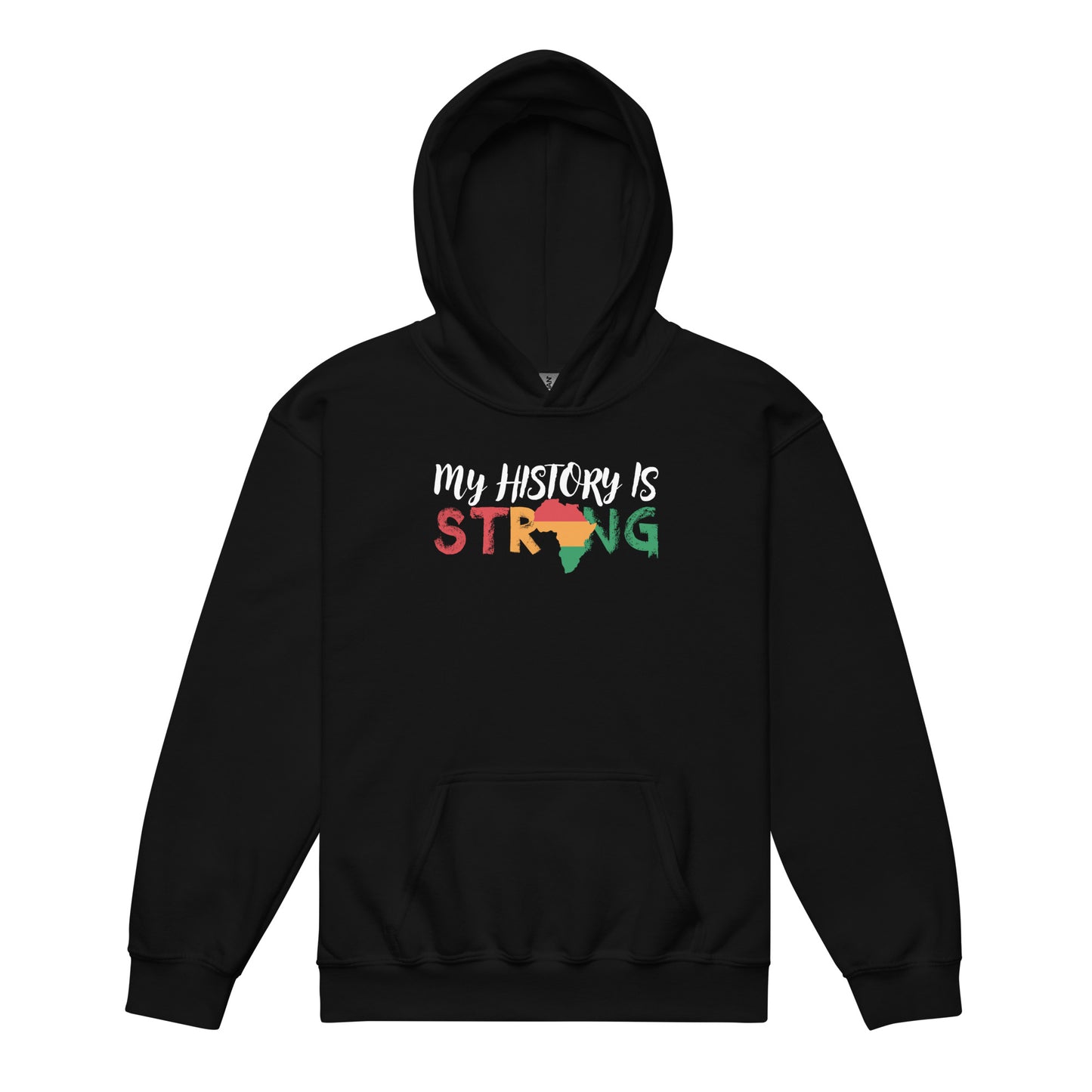 Black youth hoodie with “My History is Strong” design celebrating heritage, confidence, and pride.