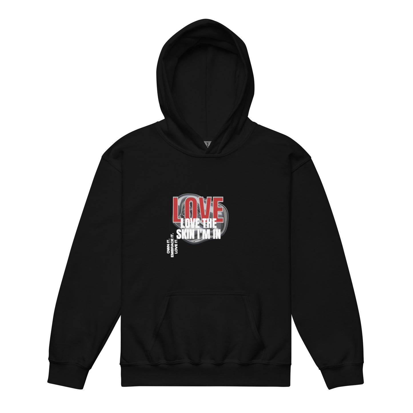 Black youth hoodie with bold red “LOVE” and white self-love message.