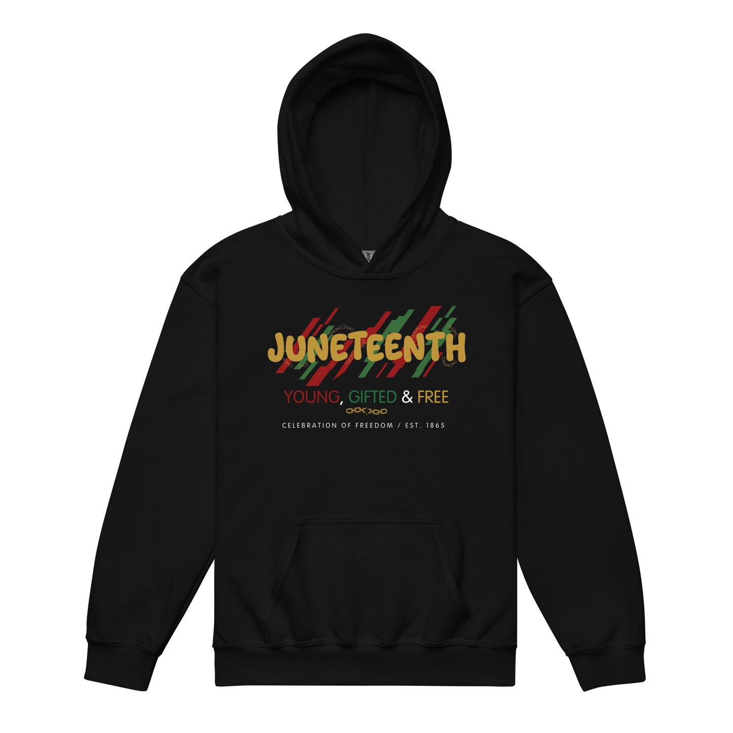 Gold Lettering Juneteenth 1865 themed design black hoodie with the words “Young, Gifted and Free,” with red and green graphic