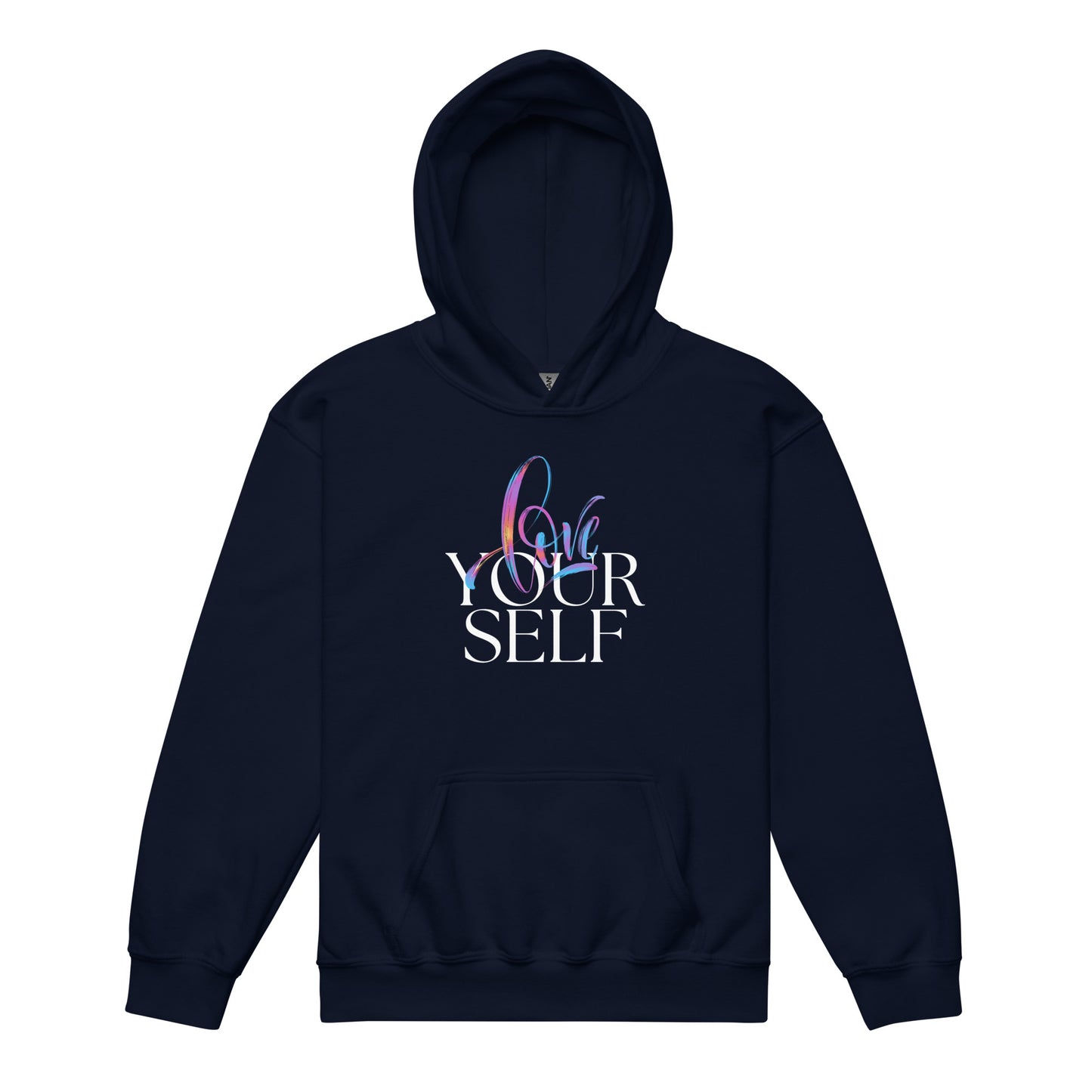 Navy youth hoodie with gradient cursive “Love” and bold white “Your Self” text.