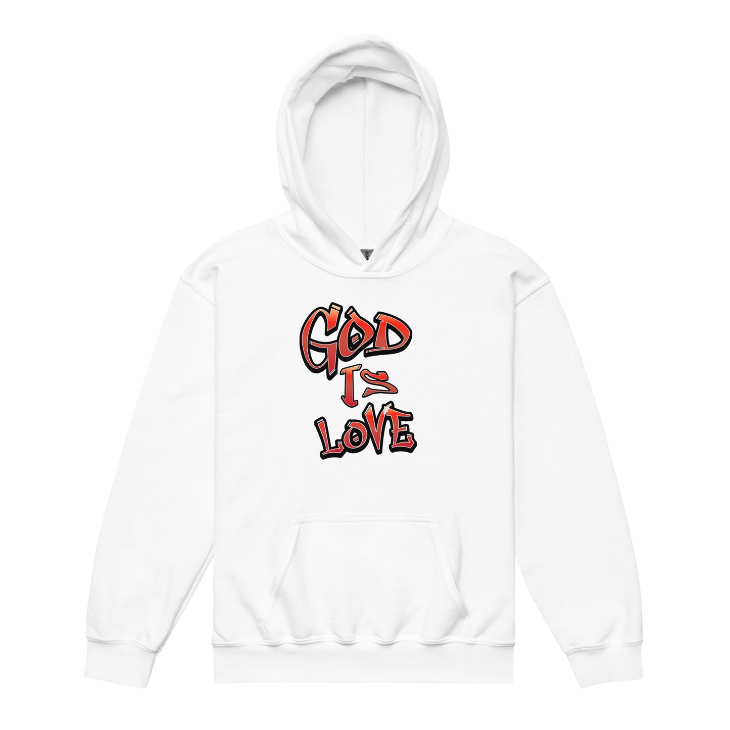 Youth hoodie in white with graffiti-style “God Is Love” text in red gradient fading to black, celebrating faith and positivity.