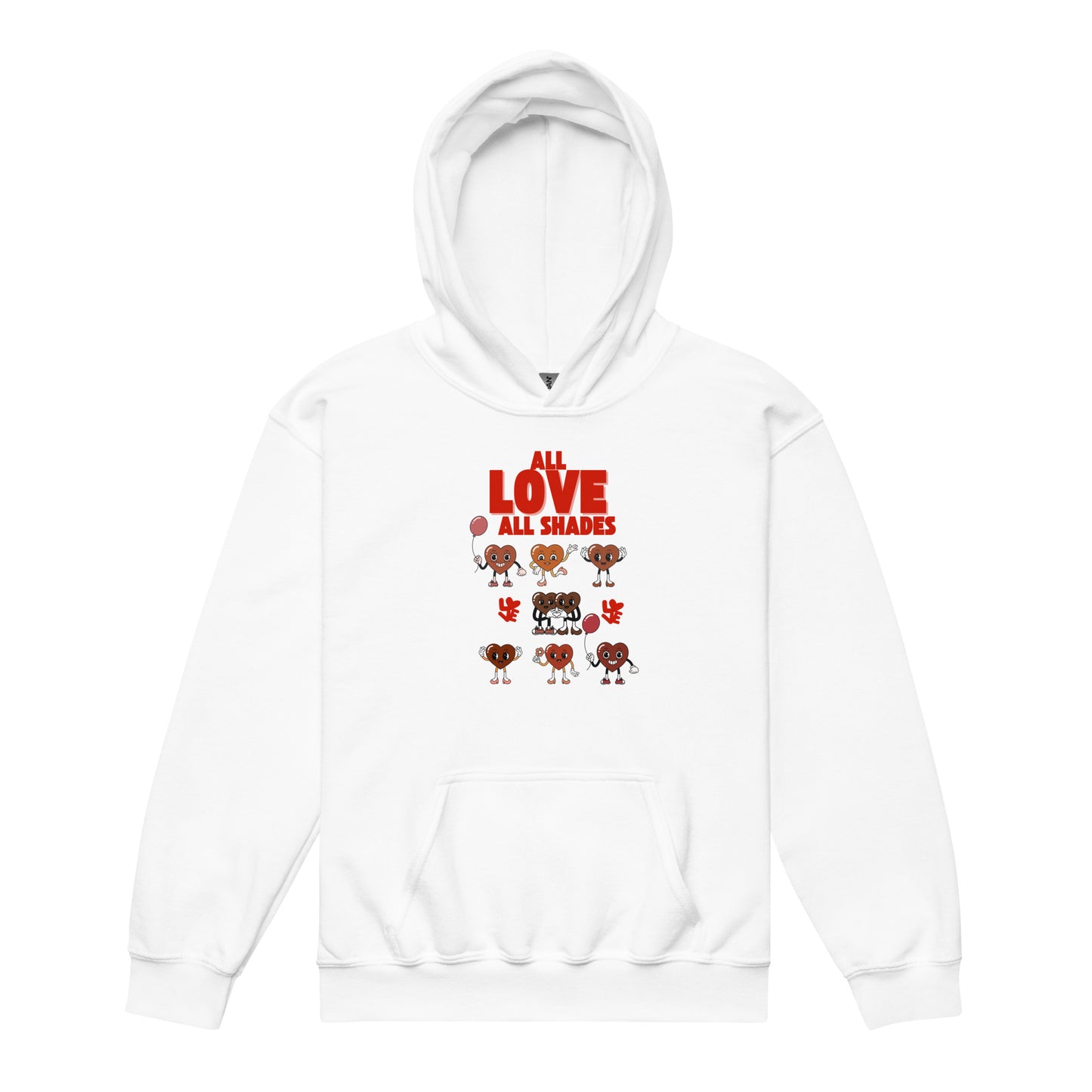 Youth hoodie in white with hearts in shades of brown and red caption “All Love, All Shades,” celebrating diversity, unity, and kindness.