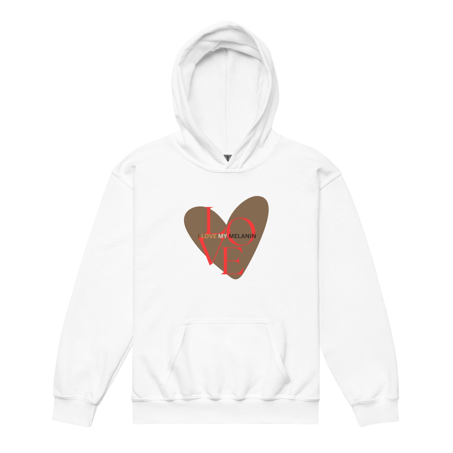 Youth hoodie in white with large brown heart and “I Love My Melanin” in bold red and brown shades, celebrating pride and confidence.