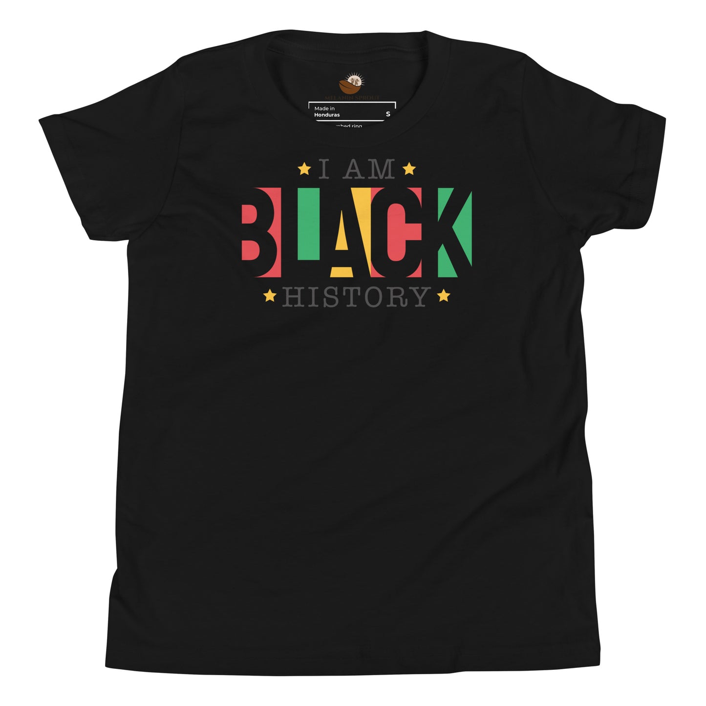 Black youth t-shirt with “I Am Black History” design celebrating heritage, pride, and confidence.
