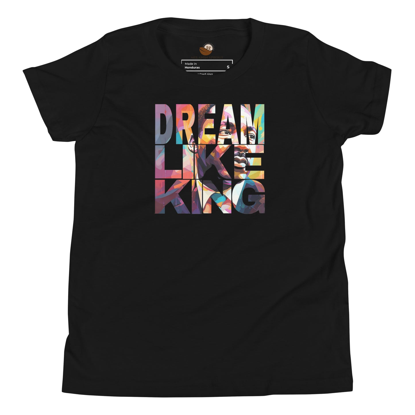 Black youth t-shirt with “Dream Like King” design celebrating heritage, pride, and empowerment.