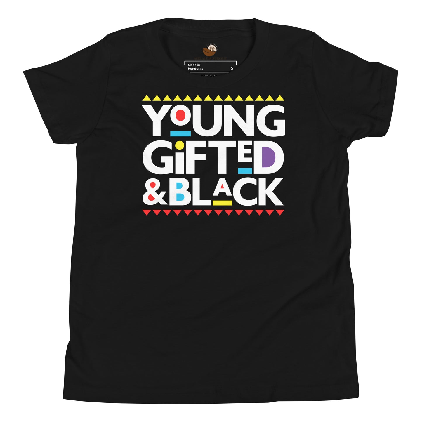 Black youth t-shirt with “Young, Gifted & Black” design celebrating heritage, pride, and empowerment.