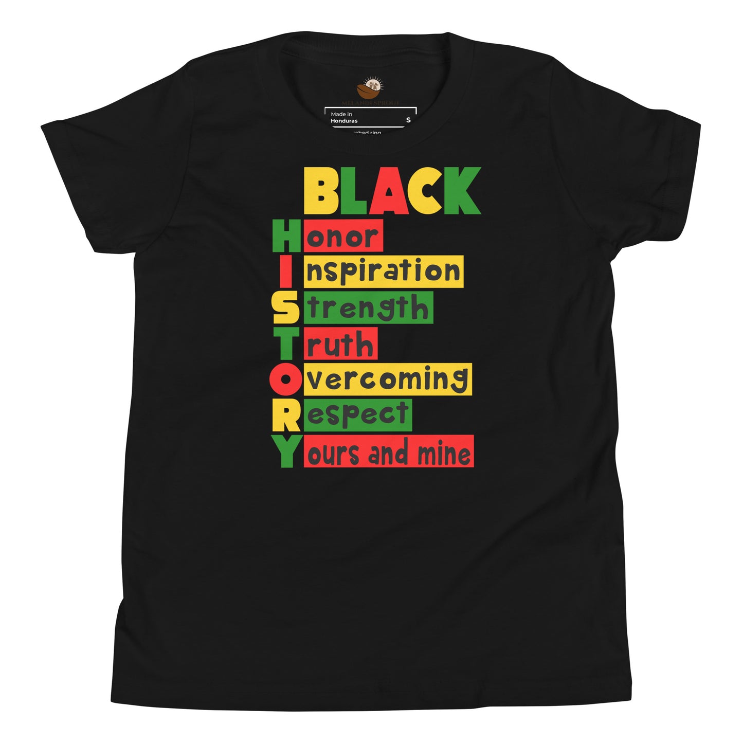 Black youth t-shirt with “HISTORY” anagram design celebrating culture and confidence.
