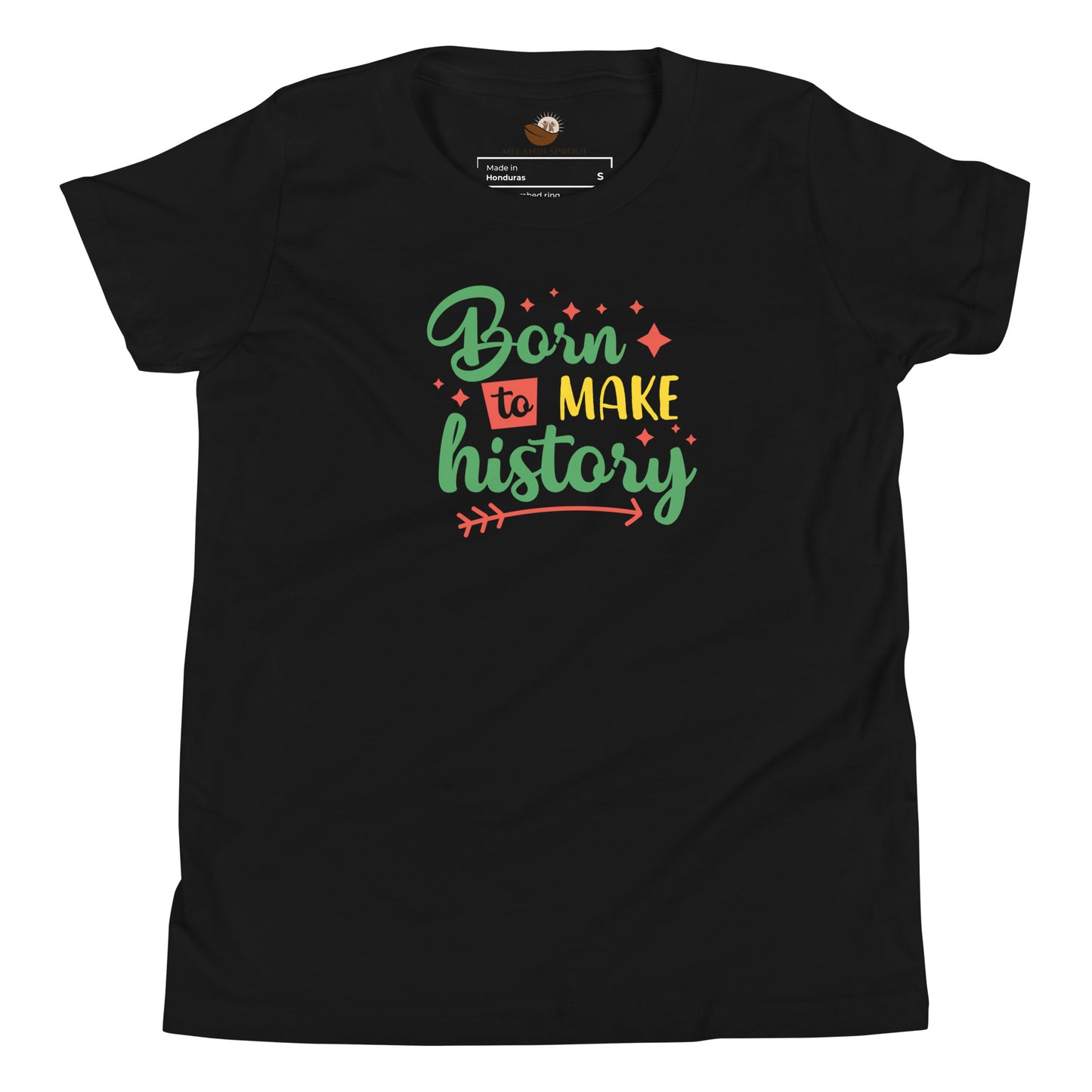 Black youth t-shirt with “Born to Make History” design celebrating heritage and empowerment.
