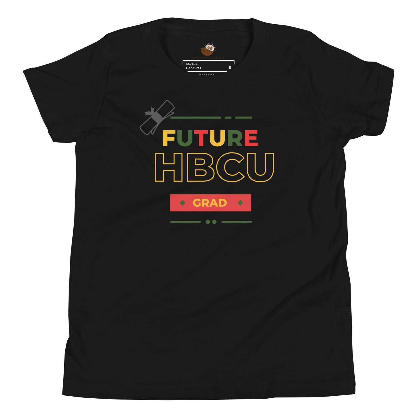 Black youth t-shirt with “Future HBCU Grad” design celebrating heritage, confidence, and academic aspiration.
