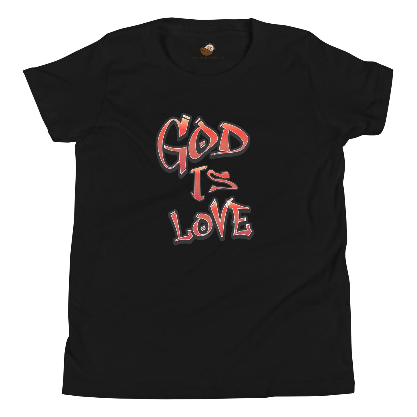 Black youth t-shirt with graffiti-style “God Is Love” text in red gradient fading to black, inspiring faith and positivity.