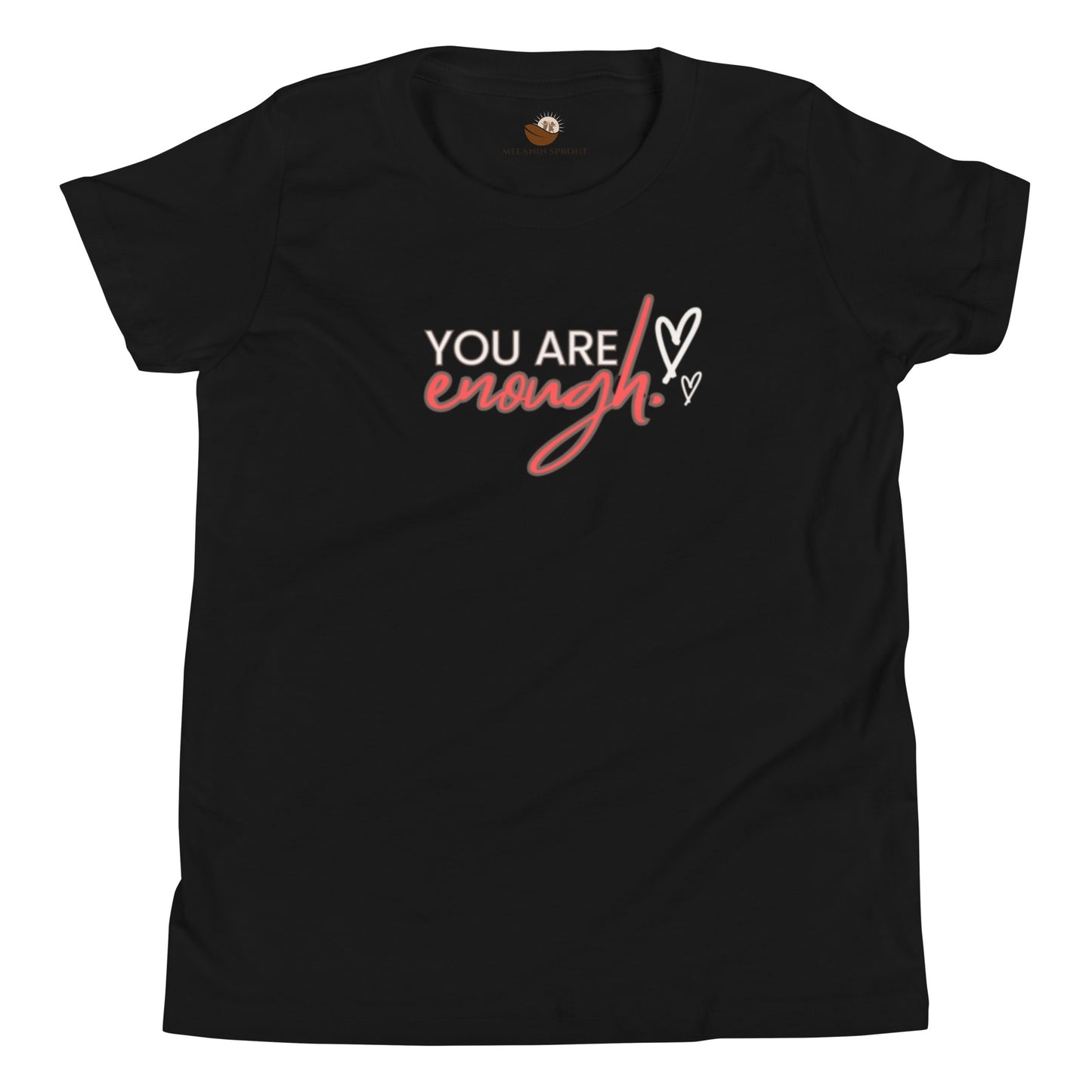 Black youth t-shirt with cream “You Are,” bold red “Enough,” and two cream hearts, uplifting kids with affirmation.