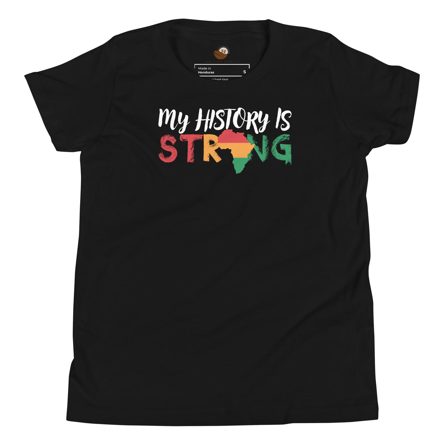 Black youth t-shirt with “My History is Strong” design celebrating heritage, pride, and confidence.