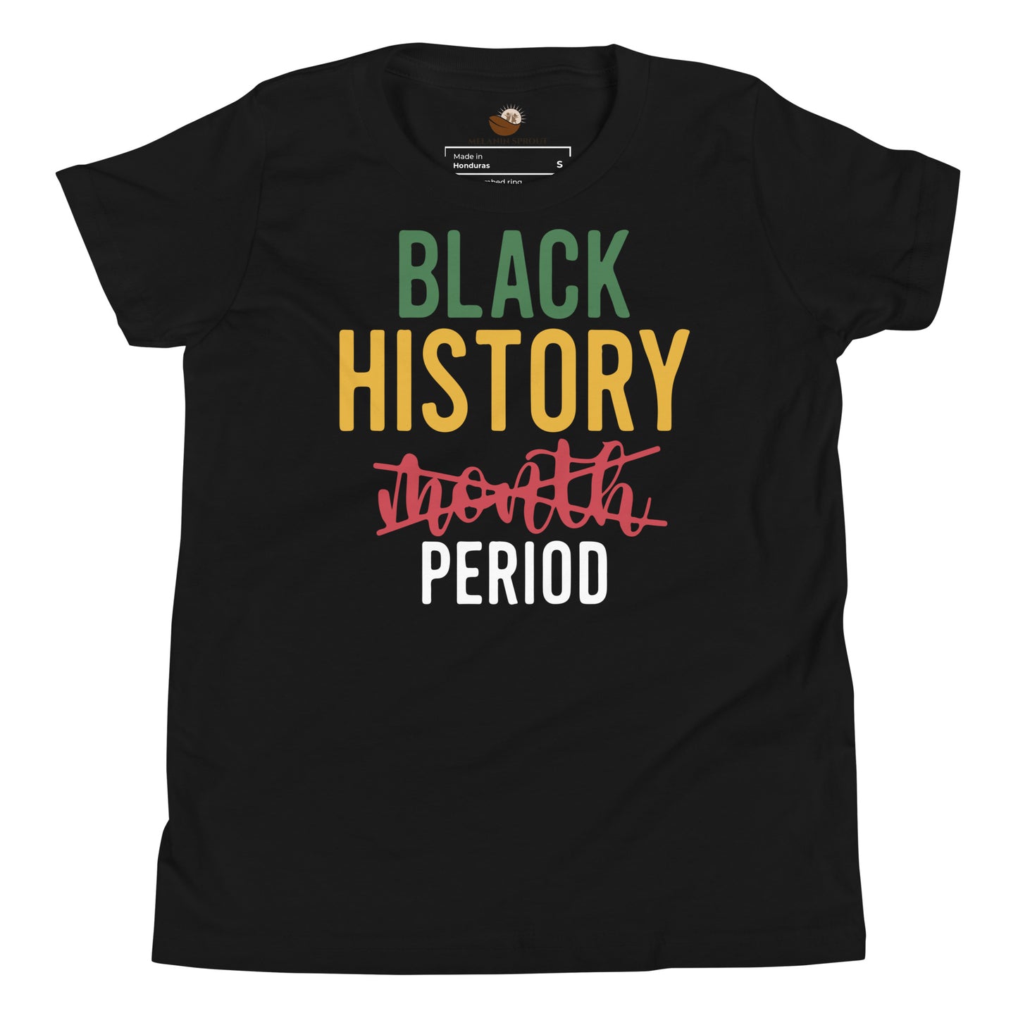 Black youth t-shirt with “Black History Period” design, “Month” crossed out, celebrating culture and confidence.