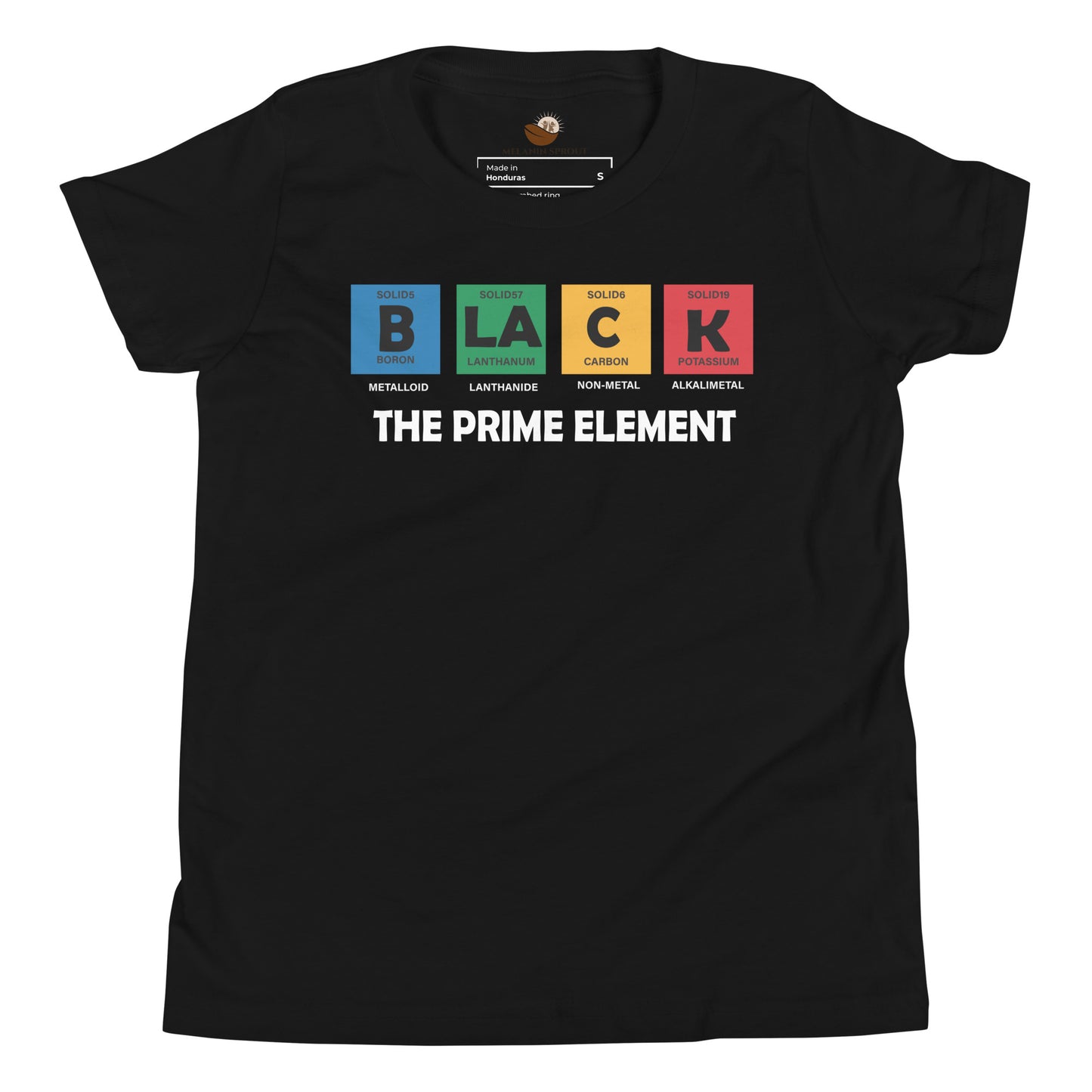 Black The Prime Element youth t-shirt with periodic table Black culture design.