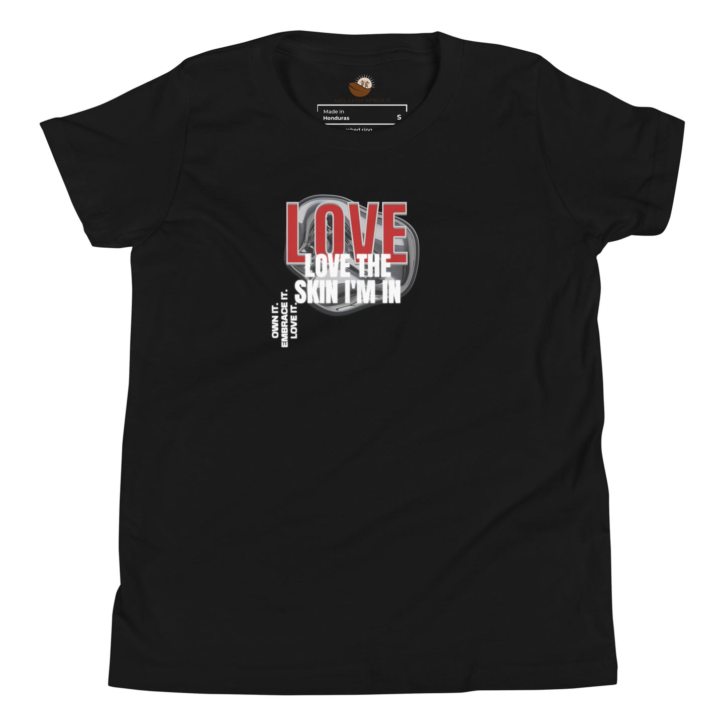 Black youth t-shirt with bold red “LOVE” and white “Love the Skin I’m In” with caption.