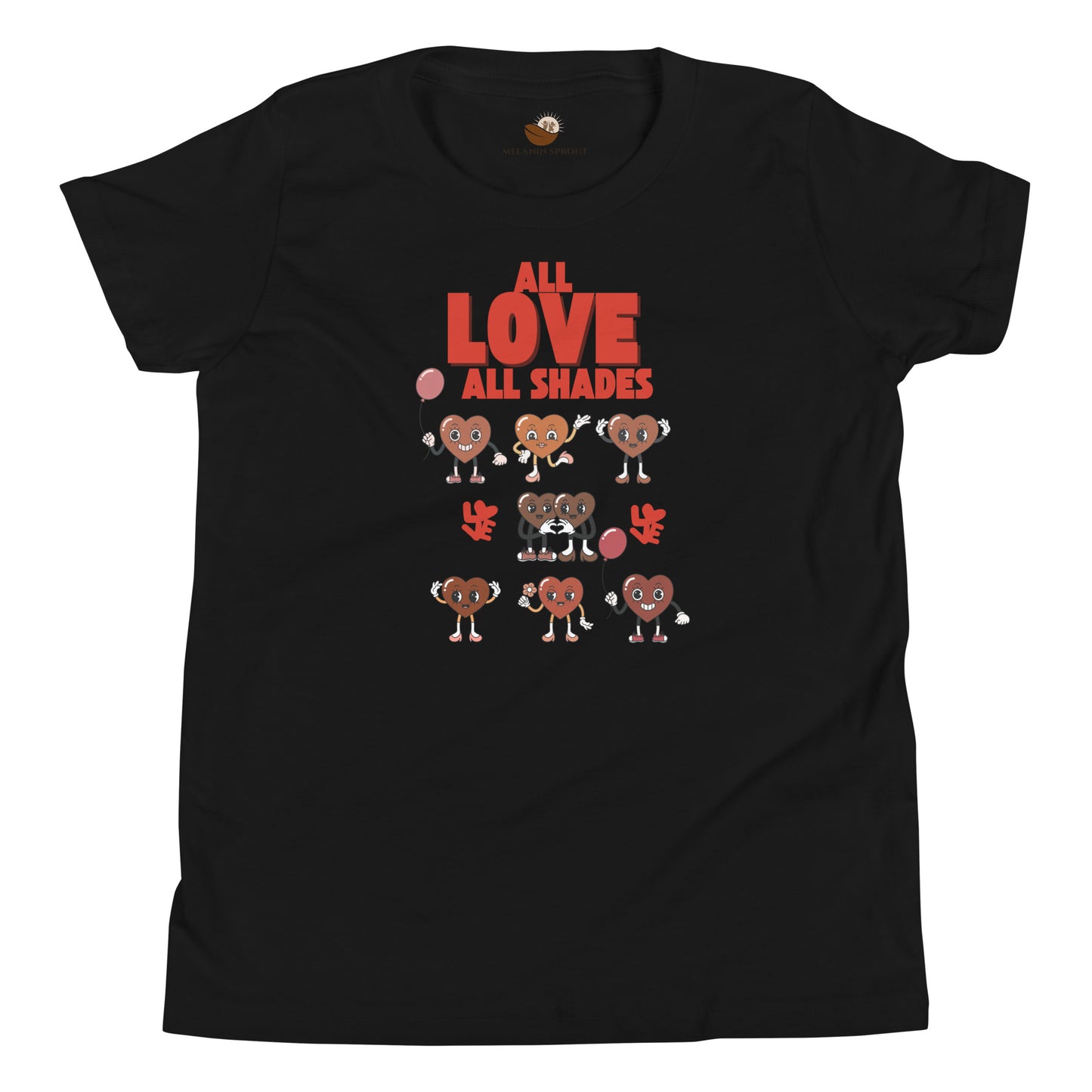 Black youth t-shirt with hearts in brown and red, captioned “All Love, All Shades,” celebrating diversity, kindness, and unity.