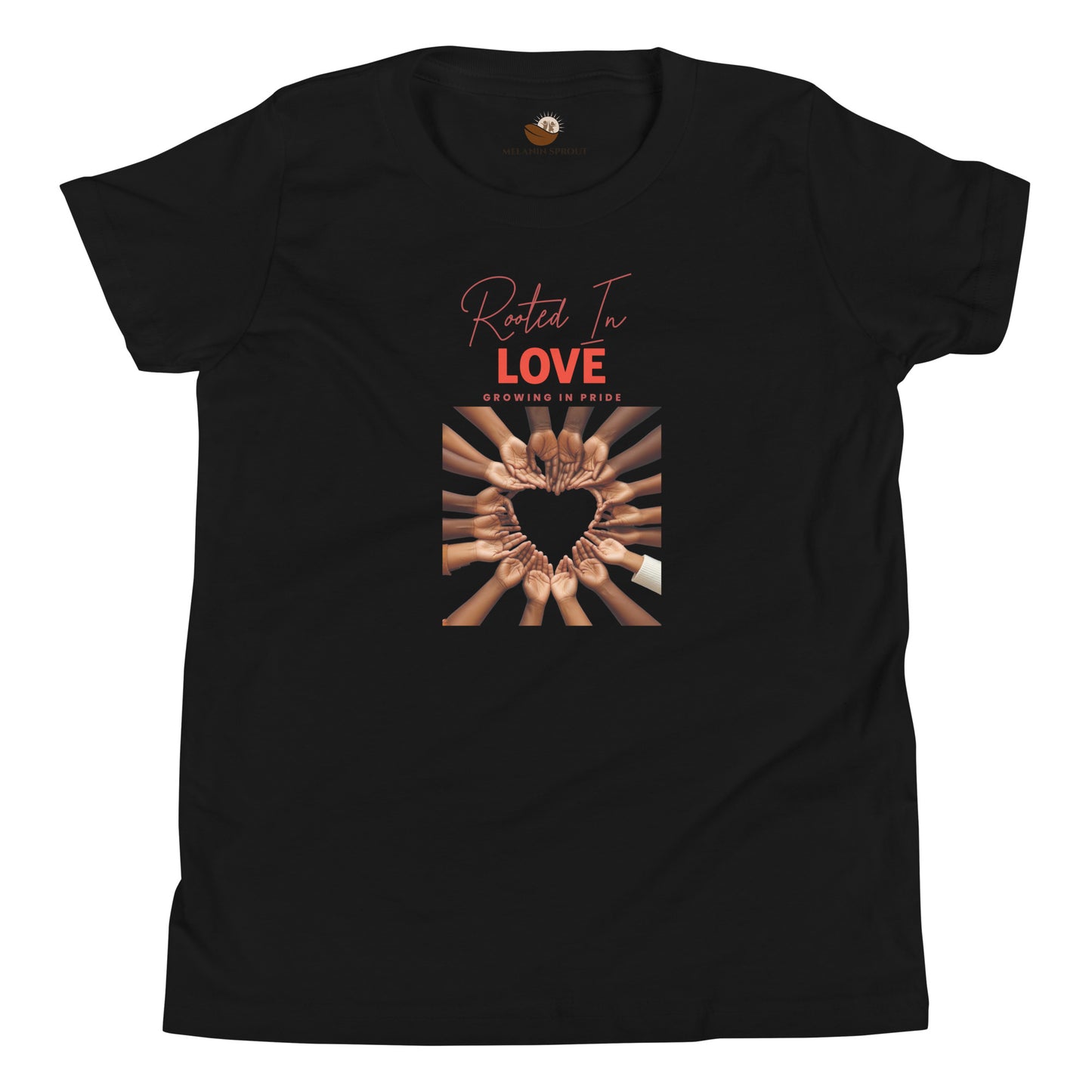 Black youth t-shirt with hands in various shades forming a heart, captioned “Rooted in Love, Growing in Pride,” celebrating unity, love, and pride.