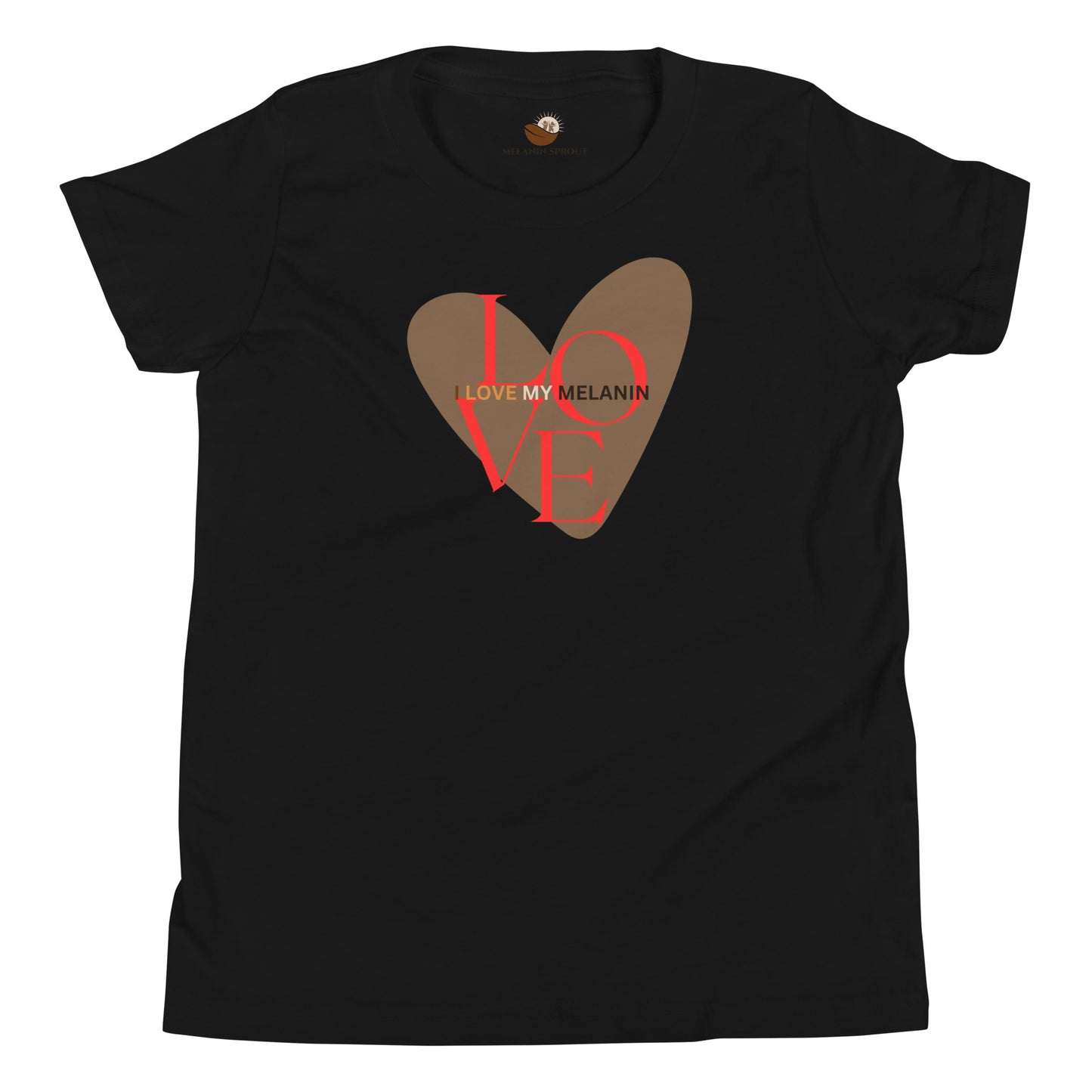 Black youth t-shirt with large brown heart and “I Love My Melanin” in red and brown shades, promoting pride and confidence.