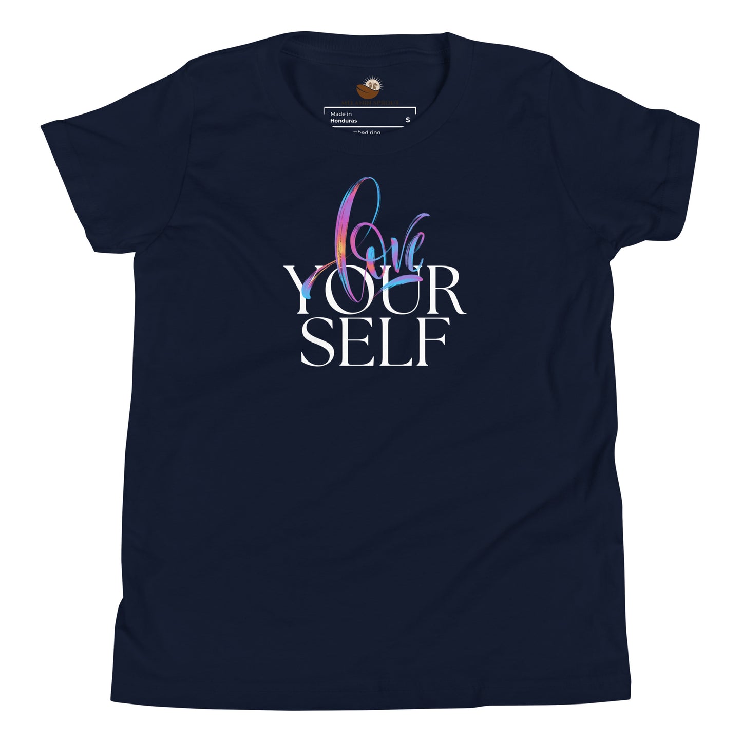 Love Your Self youth t-shirt in navy—empowering kids with colorful “Love” and bold “Your Self” text. Confidence made stylish.