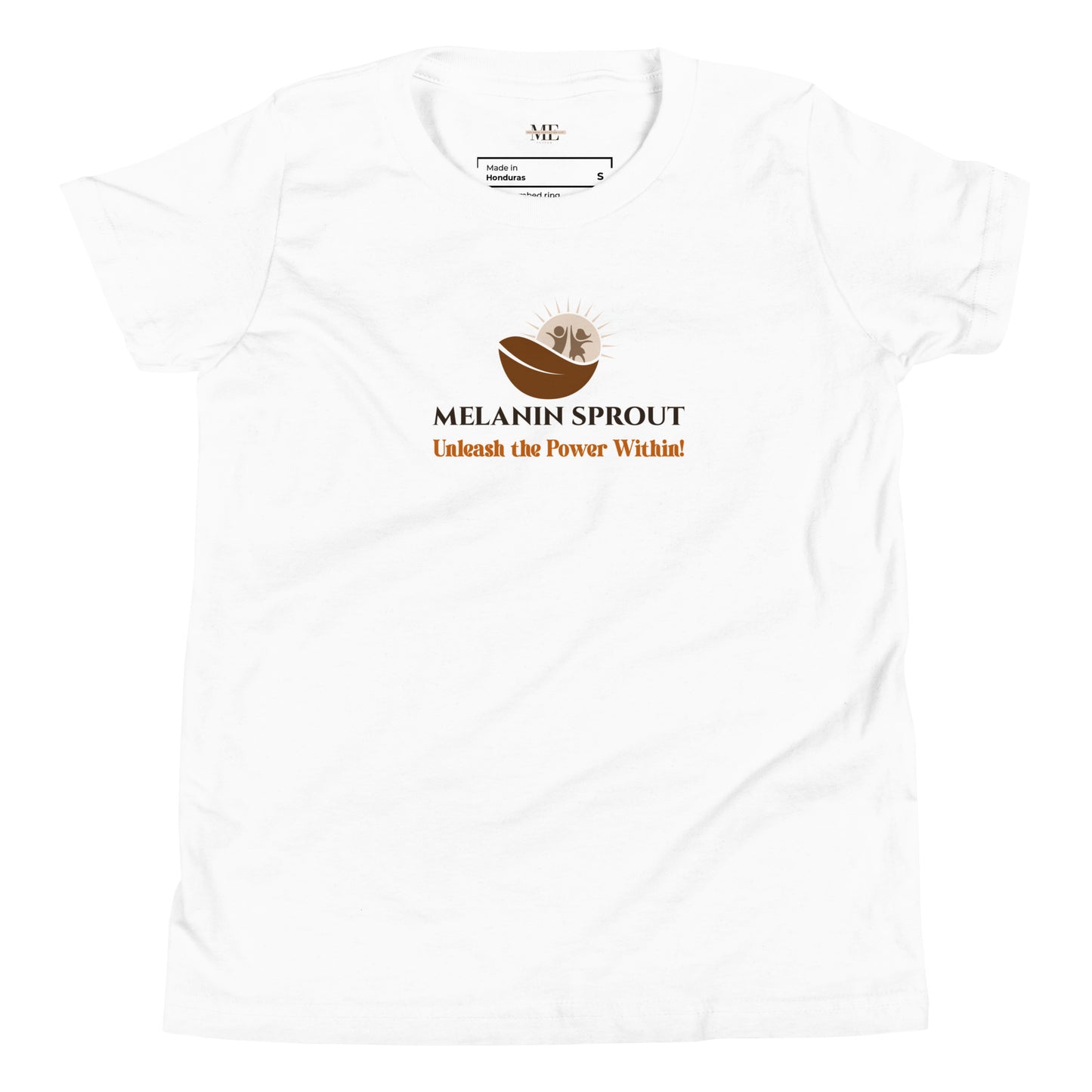 White youth t-shirt with Melanin Sprout logo and slogan Unleash the Power Within.