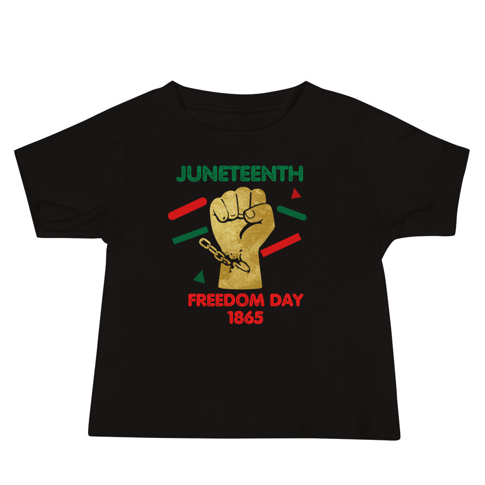 Juneteenth Freedom Day black T-shirt with gold fist and breaking chains Juneteenth in green and freedom in red with 1865  