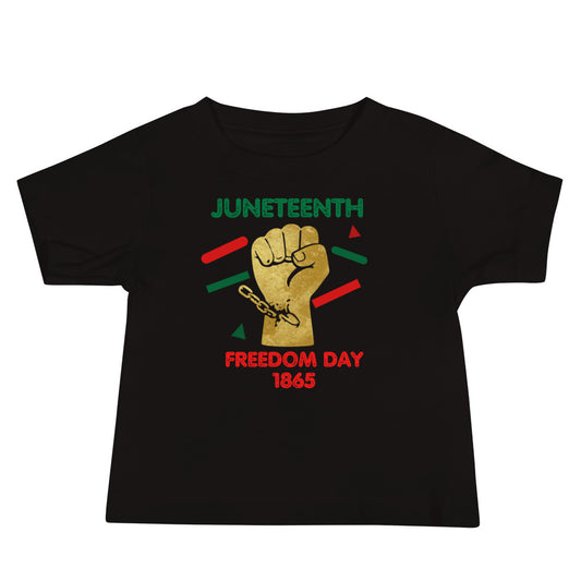 Juneteenth Freedom Day black T-shirt with gold fist and breaking chains Juneteenth in green and freedom in red with 1865  