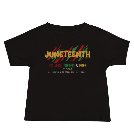 Gold Lettering Juneteenth 1865 themed design black T-Shirt with the words “Young, Gifted and Free,” with red and green graphic