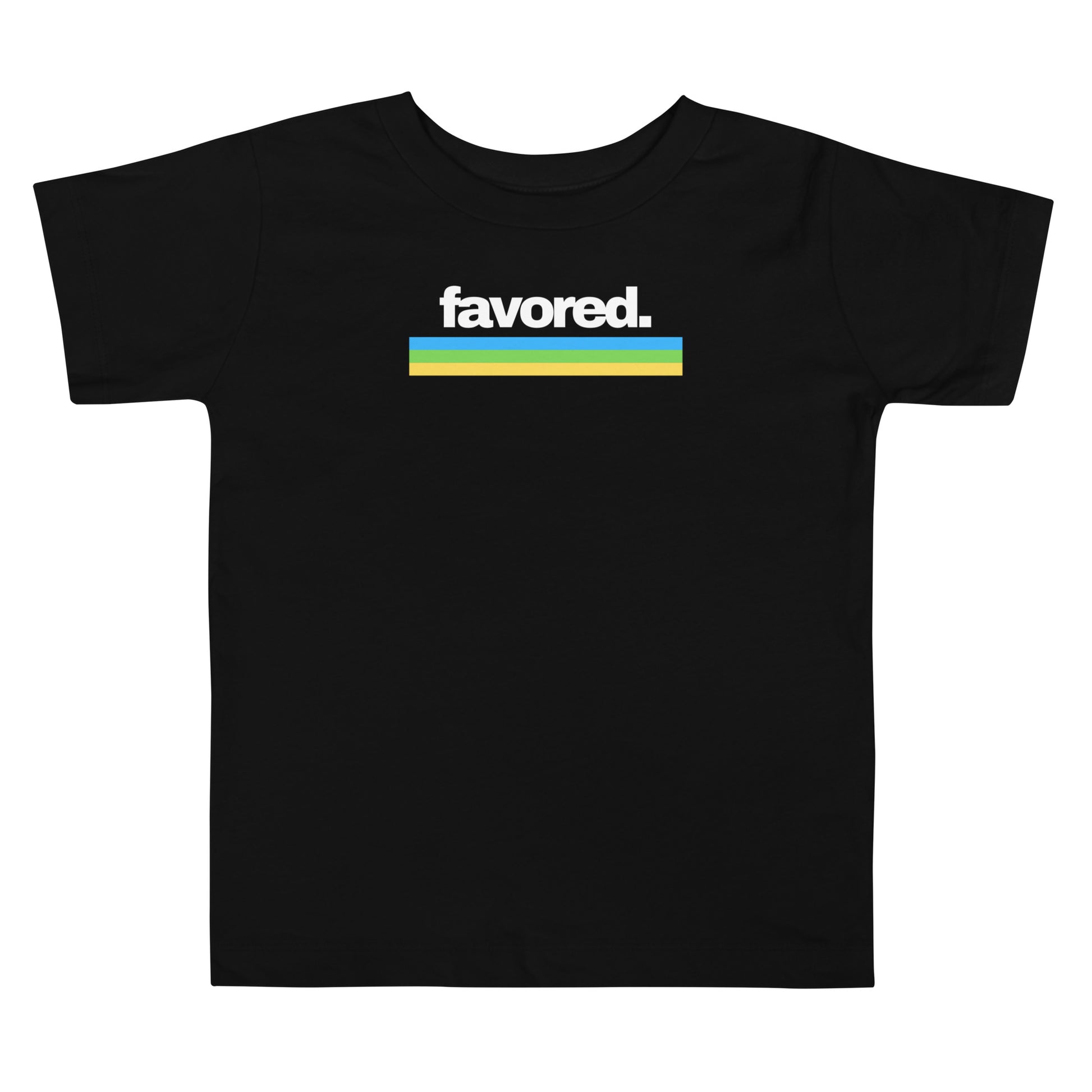 Toddler t-shirt in black with “Favored” in white 80’s retro font and blue, green, yellow stripes, inspiring confidence, joy, and faith.